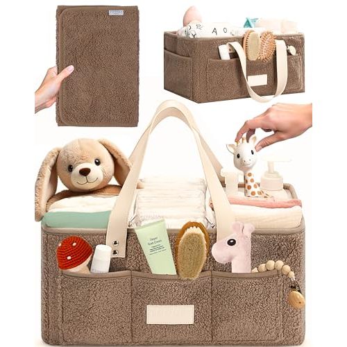 Baby Diaper Caddy Organizer with Portable Changing Mat - Teddy Fleece Nursery Storage Basket for Changing Table & Newborn Essentials – Baby Shower Gifts and Registry Must-Haves