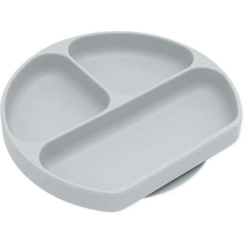 Bumkins Toddler and Baby Suction Plate, Divided Grip Dish for Babies and Kids, Baby Led Weaning, Feeding Supplies, Sticks to Tables and Highchairs, Platinum Silicone, for Chidren 6 Months, Gray