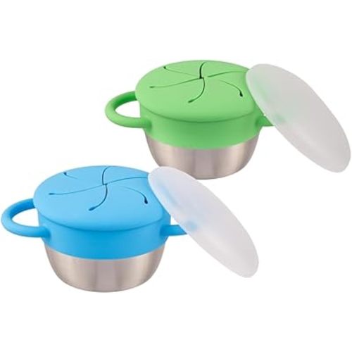Elk and Friends Stainless Steel Snack Cups – Pack of 2 | Removable Silicone Food Catcher and Travel Lid | Spill-Proof Snack Containers for Baby, Toddler, Kids | Dishwasher Safe, Food Grade Silicone