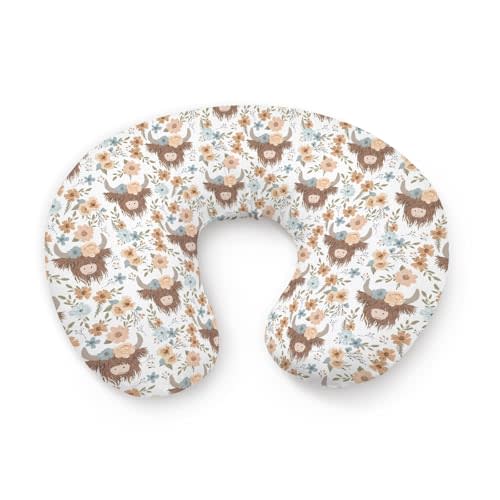 Highland Cow Flowers Floral Pattern Nursing Pillow Cover, Unisex Western Farm Cow Removable Breastfeeding Pillowcase Slipcover for Baby Girls Boys Newborns Toddlers, Cover Only