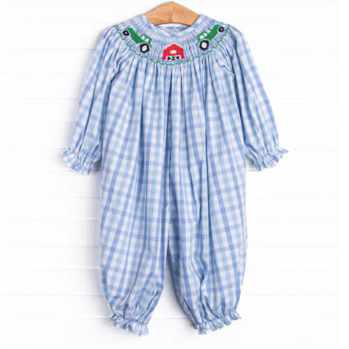 Life on the Farm Smocked Long Romper, Blue – Stitchy Fish