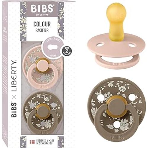 BiBS Liberty Pacifier 2-Pack, BPA Free Pacfiers with Natural Latex Round Nipple, Made in Scandinavia, Size 2 (6-18 Months), Capel Blush