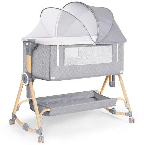 Baby Bassinet 5 in 1,Baby Bedside Bassinet with Diaper Table, Mosquito Net, Mattress, Storage Layer, Can Be Stored in One Button Travel Crib (Gray)