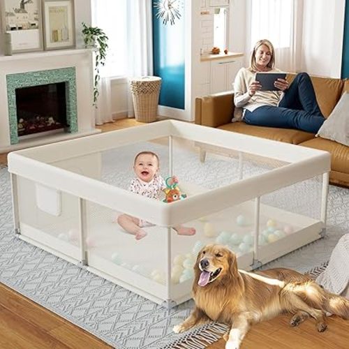 Fodoss Baby Playpen, Upgrade Playpen for Babies and Toddlers, 47x47x26inch Beige Play Pen with Pulling Ring, Baby Playards
