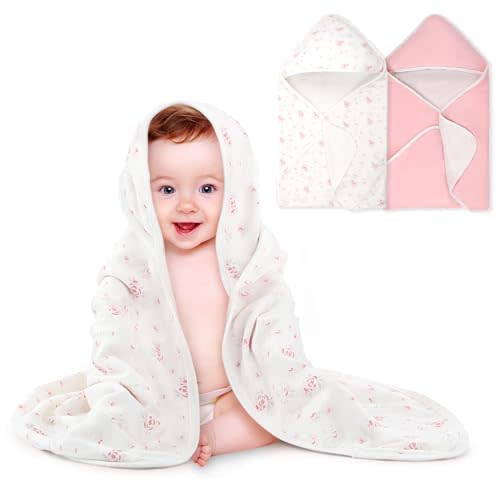 BabyAlly Baby Towels 2 Pack,Hooded Baby Towels Set,Baby Infant Bath Towels with Hood,Soft and Absorbent Nursery Towel,Large 28x28 Inch, Newborn Essential(Rose + Pink)