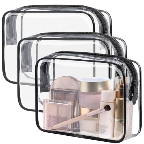 TSA Approved Toiletry Bag - Clear Makeup Bag 3 Pack Medium, Metal Smooth Zipper Quart Size Bag for 3-1-1 Liquids, Travel Makeup Bag for Women Men, Airport Airline Compliant Bag, Black