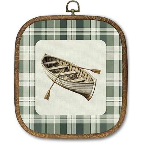 JMENGSSFL Fishing Boy Nursery Wall Art Decor, Fishing Gifts for Boys Canvas Prints, Green Plaid Fish Boat Framed Wall Art for Kids Boy Nursery Room Bedroom Playroom Decor, 5.7x6.5 Inch