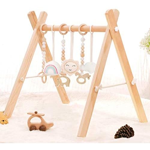 HAN-MM Wooden Baby Gym with 6 Wooden Baby Toys Foldable Baby Play Gym Frame Activity Gym Hanging Bar Newborn Gift Baby Girl and Boy Gym (Natural Color)