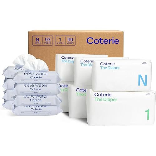 Coterie Baby Wipes + Diapers Kit, Size 1 (99 Count) & Size Newborn Diapers (93 Count), 8 Pack (448) Baby Wipes with 99% Water, Plant Based Materials, Hypoallergenic for Sensitive Skin