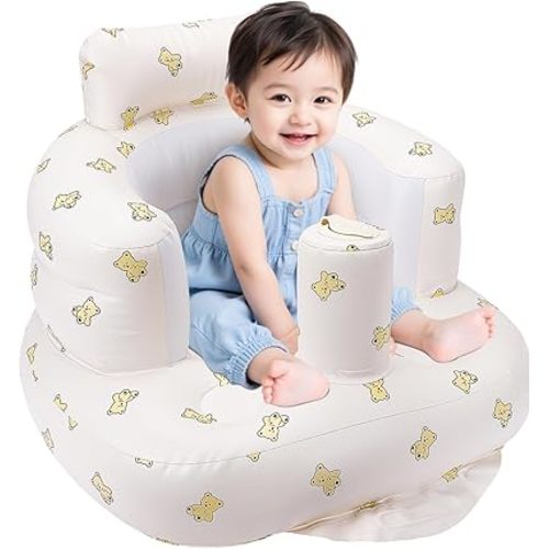 Blow Up Seat for Baby, Inflatable Baby Chair 3 Months & Up, Chair for Babies Sitting Up with Built in Pump- Bear