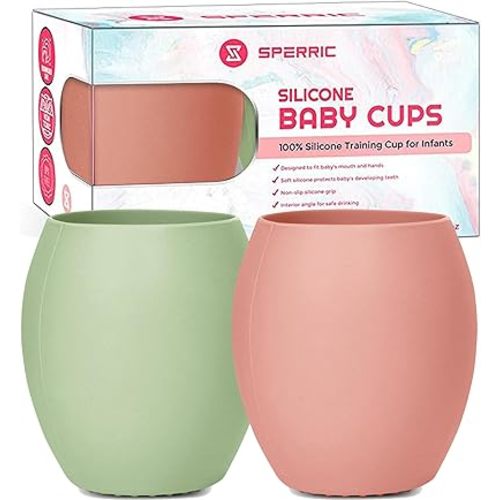 Silicone Baby Cup - Toddler Training Cup - Open Cup for Baby Led Weaning 2 Pack of No Spill Sippy Baby Cups - Soft & Gentle on Gums BPA Free Silicone Baby Cups(Rose Quartz/Lite Green)