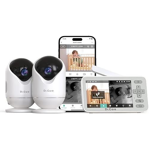 Dr.Care VistaView Lite Smart WiFi Baby Monitor with 2 Cameras- 4” 720P Split Screen & 1080P Camera App Control, Motion Alerts, HD Night Vision, 2-Way Talk, Triple Security, Video Recording