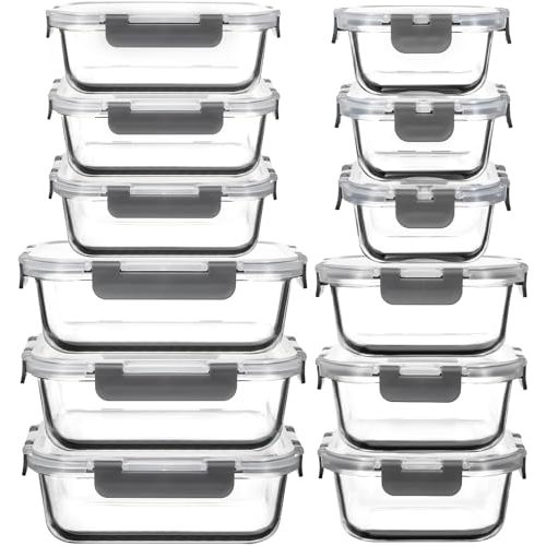 AILTEC 12 Pack Glass Food Storage Containers with Lids, Glass Meal Prep Containers Set with Leak Proof Lids, Airtight Lunch Container for Kitchen, Microwave, Oven, Freezer, Dishwasher Safe, Bpa free