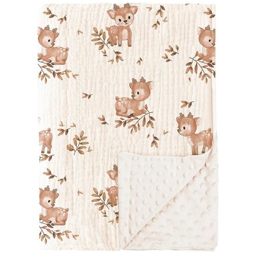 Konssy Minky Blankets with Muslin Cotton Front and Dotted Fleece Backing (Deer)