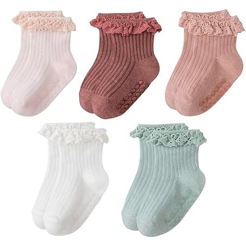 Meeshine Baby Toddler Girls Anti Slip Ruffle Socks with Grips Newborn Infant Cotton Non Skid Frilly Dress Socks, 5 Packs