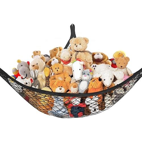 Stuffed Animal Net Hammock for Plushie Toys, Stuffed Animal Hammock Corner for Kids' Room Decor, Ideas for Organizing Stuffy Collection, Easy to hang with Anchors & Hooks, 1 Pack, Black