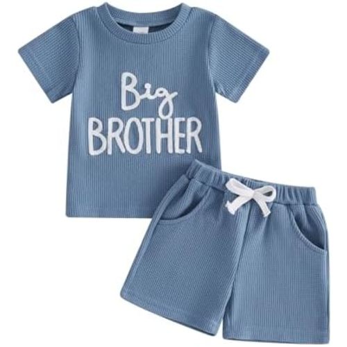 Big Brother Little Brother Matching Outfits Short Sleeve Waffle T-shirt Top Shorts Set Big Lil Bro Sibling Clothes