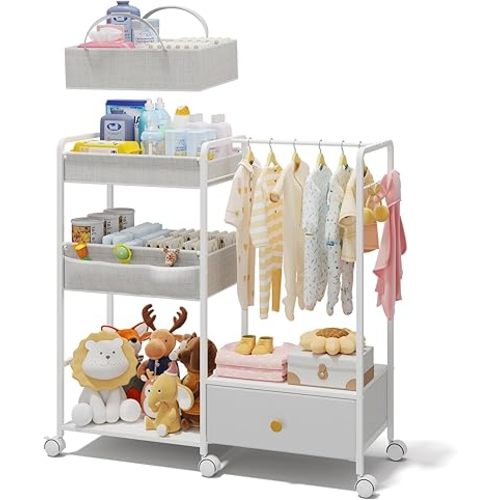 BBLIKE 3in1 Diaper Caddy Organizer - Diaper Caddy & Rolling Diaper Cart with Kids Clothing Rack for Nursery and Baby Essentials, Multi-Function Utility Cart for Bedroom and Bathroom, White