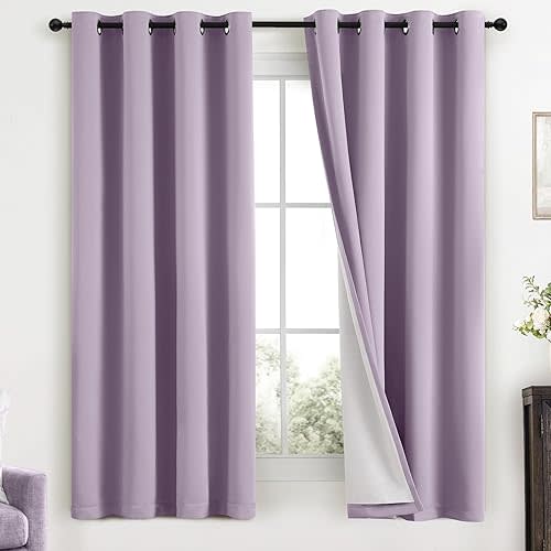 Yakamok Lilac 100% Blackout Curtains 63 Inches Long with 2 Thick Layers-Light Purple Room Darkening Thermal Insulated Window Curtain Set of 2 Panels for Bedroom Living Room 52x63 Inches,Lavender
