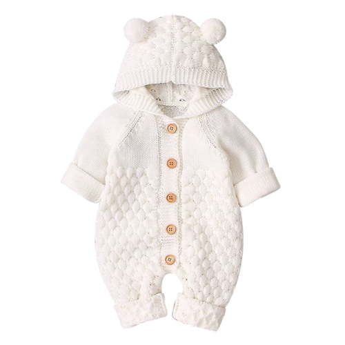 FYMNSI Baby Boy Girl Knitted Sweater Romper Long Sleeve Hoodie Jumpsuit Newborn Infant Winter Clothes Hooded Overall 0-6 Months White
