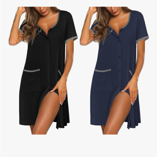 Ekouaer Nightgowns for Women 2 Pack Button Down Sleep Shirts Short Sleeve Nightshirt Sleepwear House Dress with Pockets