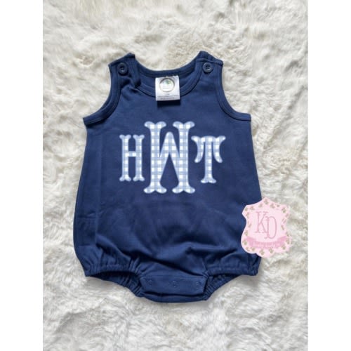 Custom Monogrammed Bubble Romper, fishtail blue boys gingham Personalized Baby Toddler preppy custom kids coquette baby spring summer