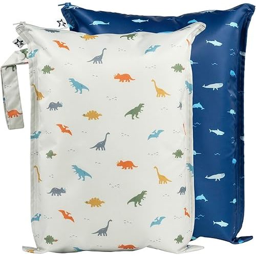Tiny Twinkle Mess-proof Wet Bags 2 Pack Waterproof and Washable Bag for Travel storage, Stroller, Daycare, Baby Diapers, Yoga, Beach, Pool, Wet Toddler Swimsuits (Dinosaur, Ocean Life)