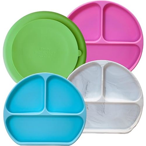 4 Pack Silicone Suction Plates, Silicone Baby Essentials Feeding Set, Divided Plates, BPA Free, Microwave, Dishwasher Safe, o1baby