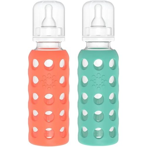 Lifefactory Glass Baby Bottles with Silicone Protection - 2-Pack, 9 oz Bottles, Papaya & Kale