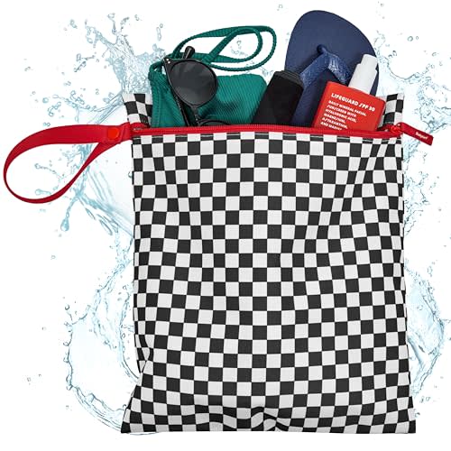 Bodysurf Waterproof Wet Bag for Swimsuit, Travel, Baby Essentials - Reusable Compact Organizer & Lightweight Storage for Dirty Laundry, Cloth Diapers, Gym, Yoga, Beach, Pool - Black, Checkered