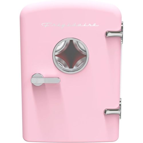 Frigidaire Retro Mini Personal Fridge Cooler, Holds up to 9 Cans, Portable for Car, Office, Bedroom, Dorm Room, or Cabin, Includes 110V AC and 12V DC cords - 11.8"D x 7.1"W x 10.1"H, Pink