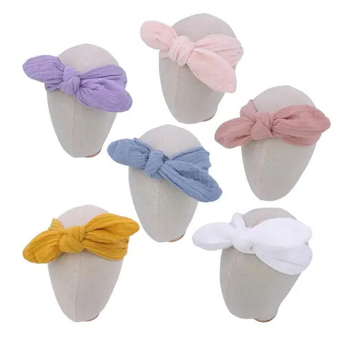 Original Cotton Gauze Headband for Newborn Toddler Infant Baby Girl Kids Muslin Cotton Hair Bow Headbands Turban Elastic Hair Bands (6 pcs Knot Headband)