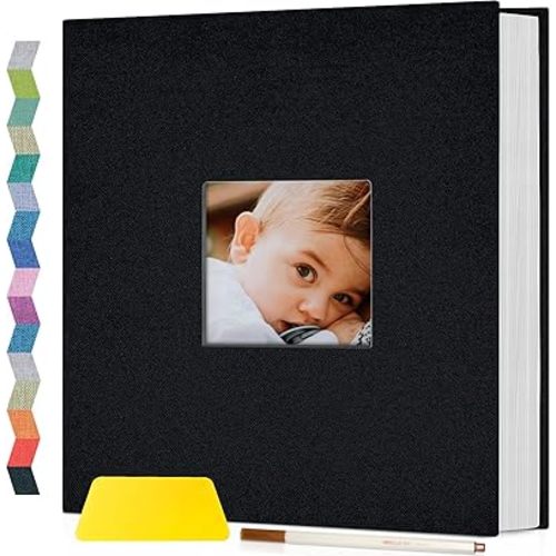 popotop Photo Album Self Adhesive with Picture Display Window,60 Pages DIY Scrapbooking Supplies Kit for 4x6 8x10 Picture,Linen Cover Memory Book for Baby Wedding, with Scraper and Metallic Pen