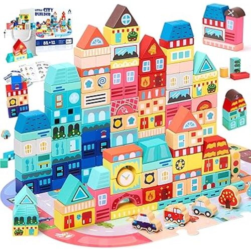 VigorFun 100 PCS Wooden Building Blocks Set - City Builder Stacking Toy with Storage Bag, Montessori Preschool Toys for Kids Toddlers Birthday Gifts Ages 3+