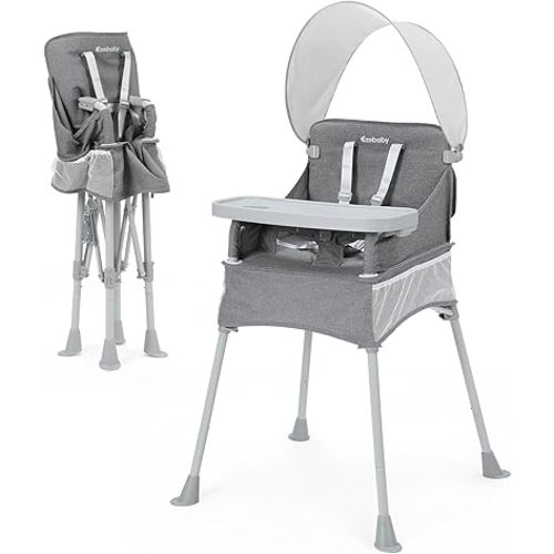 Ezebaby Baby Portable High Chair with Sun Canopy, Foldable High Chairs for Babies and Toddlers with Detachable Tray and 5-Point Harness, Travel High Chair for Indoor and Outdoor Use, Gray