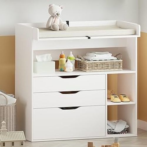 Baby Changing Table Dresser with 3 Drawers and 3 Storage Shelves, Can be Used as a Baby Dresser with Changing Table Top, a Baby Changing Station, a Wood Diaper Changing Station (White)