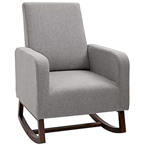 HOMCOM Accent Lounge Rocking Chair with Solid Curved Wood Base and Linen Padded Seat, Grey