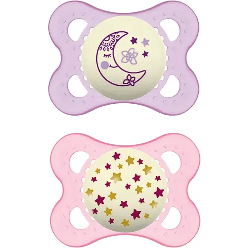 MAM Night Pacifiers (2 Pack, 1 Sterilizing Pacifier Case), MAM Pacifiers 0-6 Months, Best Pacifier for Breastfed Babies, Glow in the Dark Pacifier, Baby Girl Pacifier