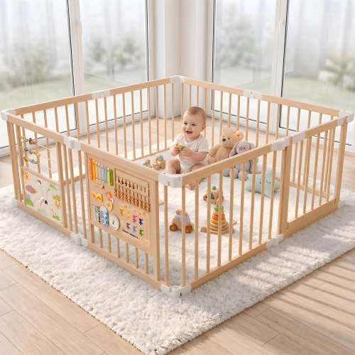 suihuooo Foldable Wooden Baby Playpen Playard, Wooden Foldable Baby Play Yard for Toddlers,Portable Foldable Playpen,55"x55"x24"