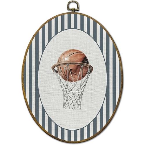QZQE Vintage Basketball Boy Nursery Oval Wall Art Decor Framed, Sports Oval Canvas Prints, Basketball Hoop Striped Wall Hanging Decor for Kids Boy Nursery Room Bedroom Playroom, 8.6x11.4 Inch
