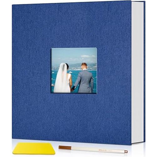 Popotop Photo Album Self Adhesive with Picture Display Window,40 Pages DIY Scrapbook Album for 4x6 8x10 Picture,Linen Cover Memory Book for Baby Wedding, with Scraper and Metallic Pen