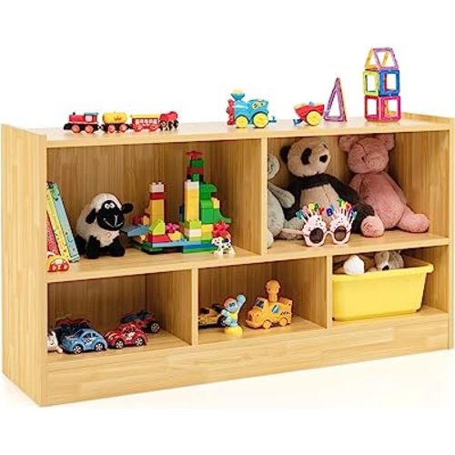 Costzon Toy Storage Organizer for Kids, 5-Section School Classroom Storage for Organizing Books Toys, Wooden Kids Bookshelf Daycare Furniture for Preschool, Playroom, Nursery, Kindergarten (Burlywood)