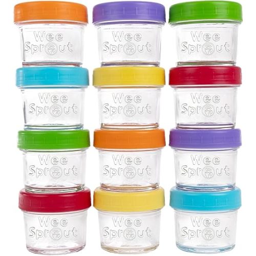 WeeSprout Glass Baby Food Storage Jars w/Lids (4 oz, 12 Pack Set) Snack, Puree, Reusable Small Containers, Breast Milk, Fridge or Freezer, Microwave & Dishwasher Safe, Essential Must Have for Infants