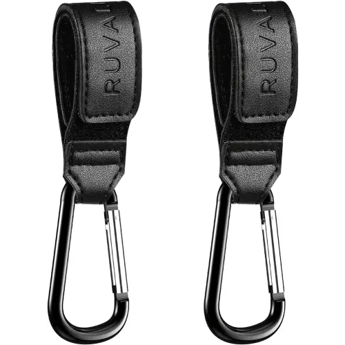 Leather Stroller Hooks for Diaper Bag and Stroller Organizer - RUVALINO® Stroller Strap with Large Carabiner Clip for Shopping Bags - Accessories for Wheelchair, Shopping and Pet Carts, Black, 2 Pack