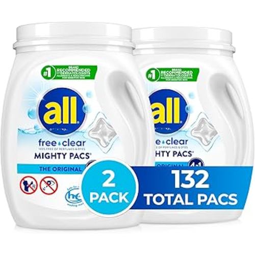 All Mighty Pacs with stainlifters free clear Laundry Detergent, Free Clear for Sensitive Skin, 66 Count - (Pack of 2)