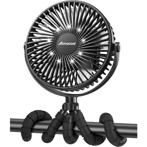 AMACOOL 10000mAh Portable Stroller Fan, 50H Ultra-long Running, 7 inch Battery Operated Baby Fan with LED Light, Timer, 360° Rotate, 3 Speed Rechargeable Clip on Fans for Car Seat Crib Travel