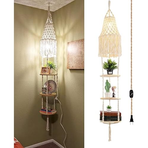 Boho Plug in Pendant Light,Hanging Light with Plug in Cord,Hanging Lamp Macrame Lamp Shade,Dimmable Switch,3 Tier Hanging Plant Shelf Shelves Bohemian Decor for Bedroom Living Room Corner