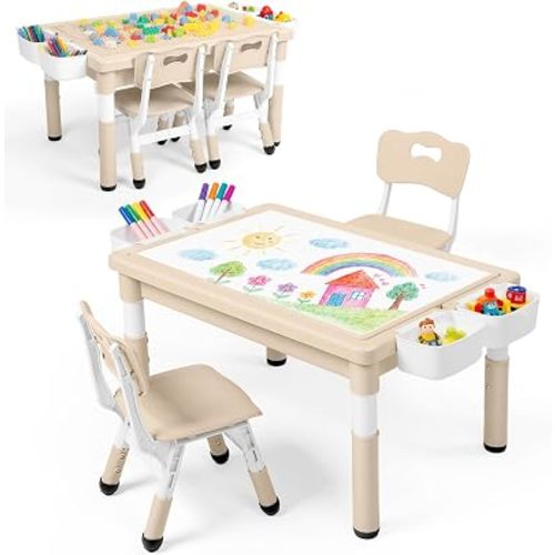 Kinder King Kids Table & 2 Chairs Set, Adjustable Heights, Storage, Khaki