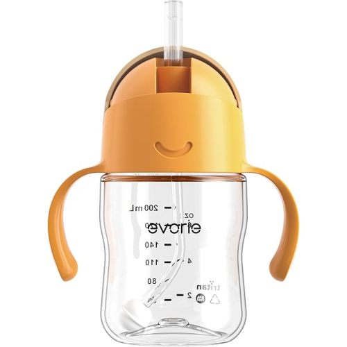 Evorie Tritan Weighted Straw Sippy Cup with Handles for Baby and Toddlers, Spill Proof Baby Water Bottle with Straw for 6 months and up, 7 Oz, Infant Training Water Bottle (Apricot)