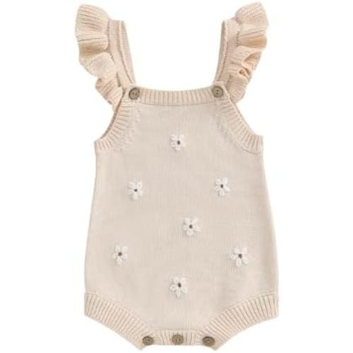 Infant Baby Girl Summer Sleeveless Strap Bubble Romper One Piece Newborn Knitted Floral Bodysuit Outfit